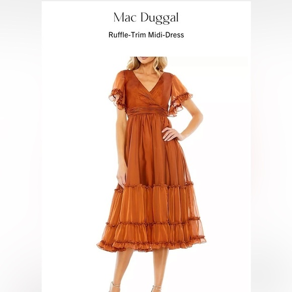 MAC DUGGAL Rust Ruffle Trim Midi Dress - Picture 2 of 14